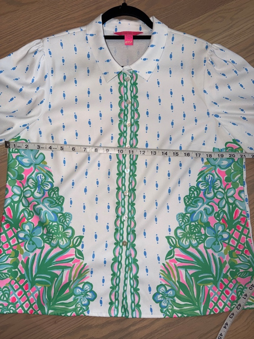 Lilly Pulitzer White Blouse with Green & Pink Botanical Border - Picture 11 of 13